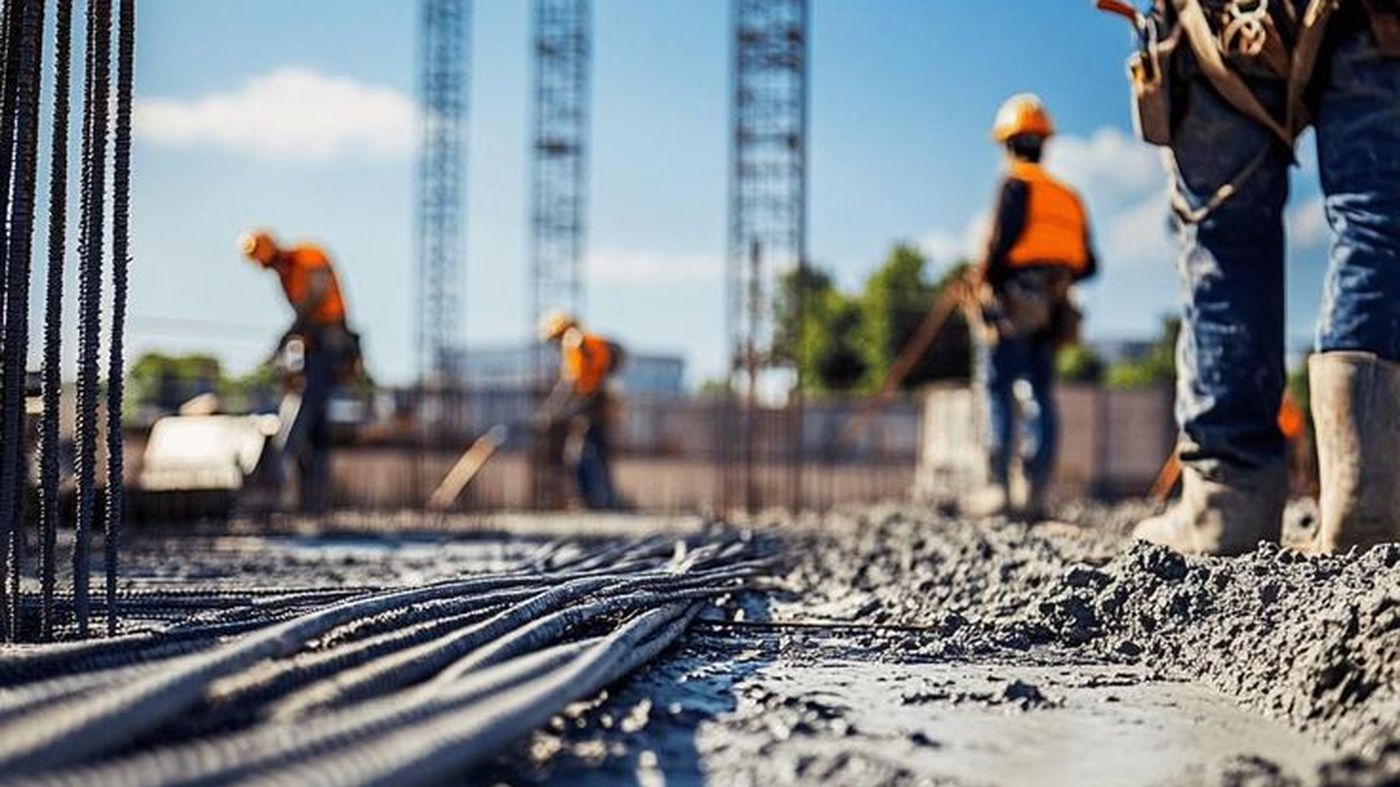 Trabajadores de la construcción en una obra junto a varillas de acero